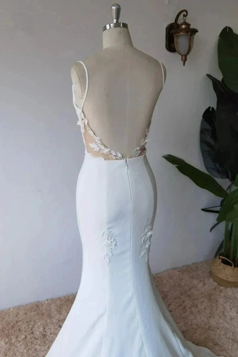 Simple Spaghetti Straps Satin Mermaid Modest Wedding Dress WD672 - Image 4