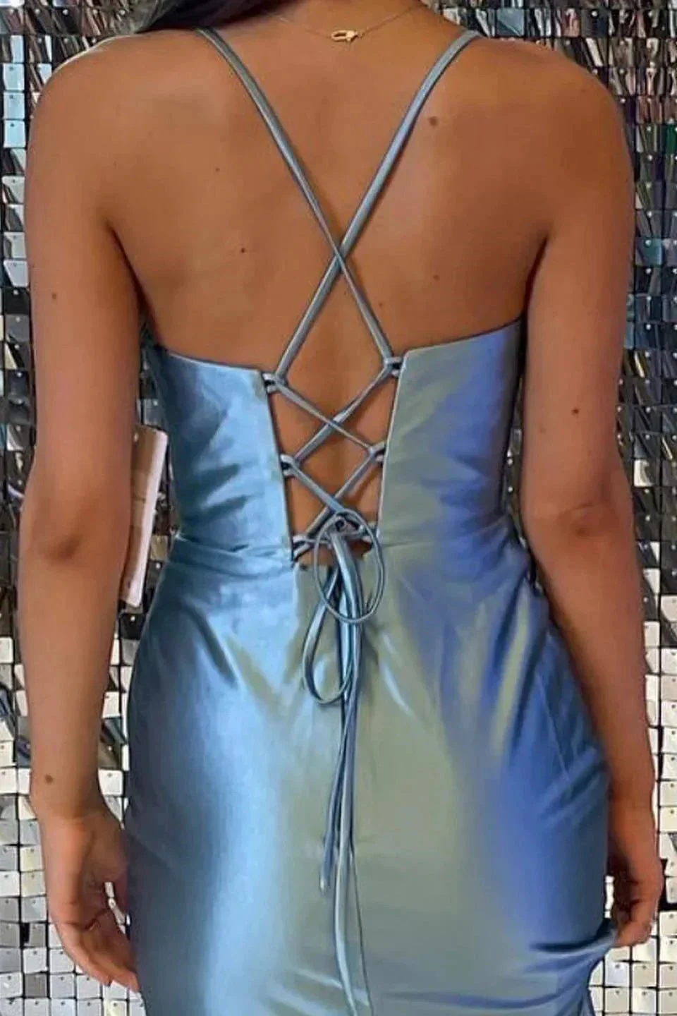 Simple Spaghetti Straps Satin Sleeveless Prom Dress With Slit - Image 4