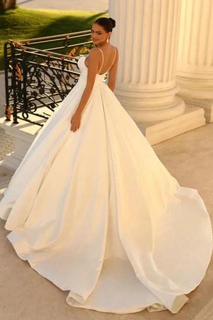 Simple spaghetti straps sleeveless ball gown satin wedding dress - Image 2