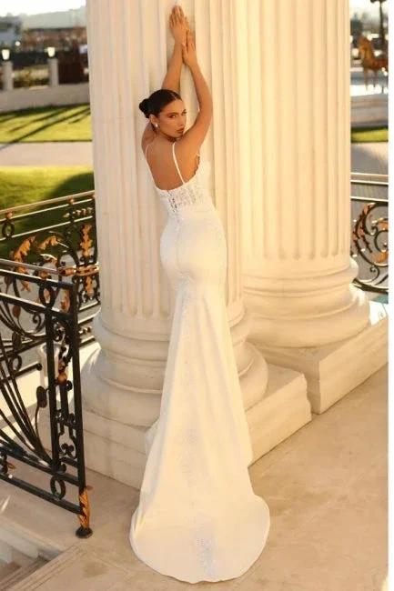 Simple spaghetti straps sleeveless mermaid satin wedding dress with lace - Image 2