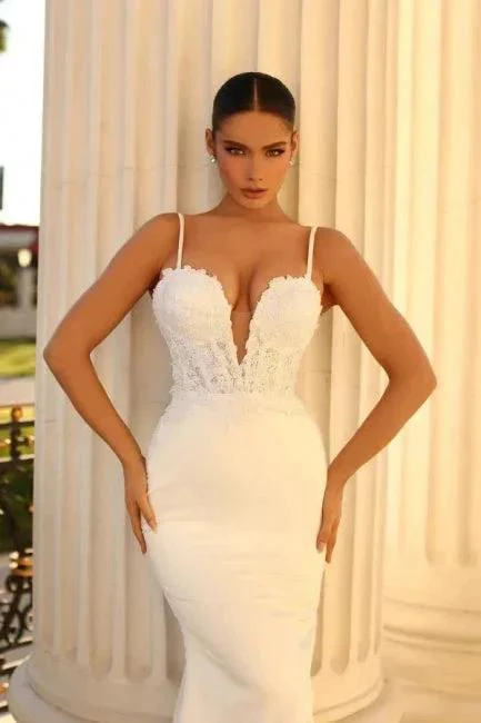 Simple spaghetti straps sleeveless mermaid satin wedding dress with lace - Image 3