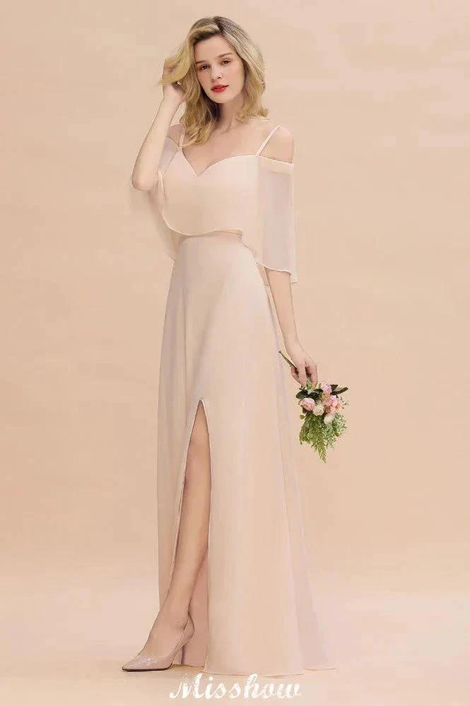 Simple Spaghetti Straps Tiered Bridesmaid Dresses | Side Slit A-Line Sleeveless Evening Maxi Dresses - Image 3