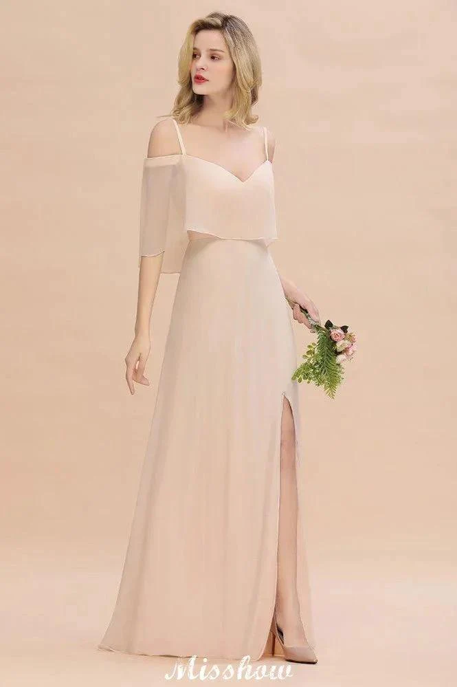 Simple Spaghetti Straps Tiered Bridesmaid Dresses | Side Slit A-Line Sleeveless Evening Maxi Dresses - Image 4
