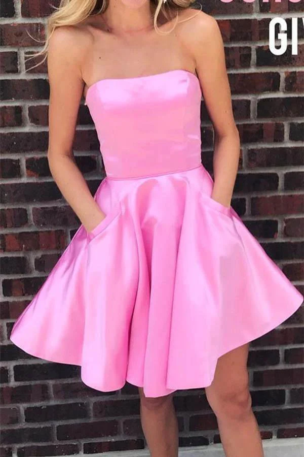 Simple Strapless Short Prom Dress Yellow Homecoming Dress with Pockets PD322 - Image 3