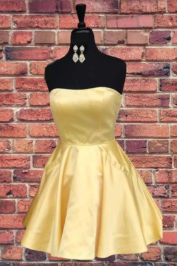 Simple Strapless Short Prom Dress Yellow Homecoming Dress with Pockets PD322 - Image 4