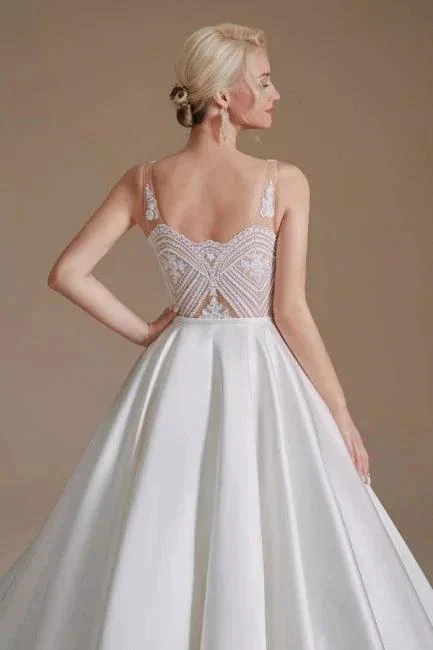 Simple Straps Sleeveless A-Line Floor-Length Satin Wedding Dresses with Ruffles - Image 3