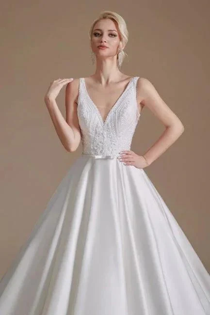 Simple Straps Sleeveless A-Line Floor-Length Satin Wedding Dresses with Ruffles - Image 4