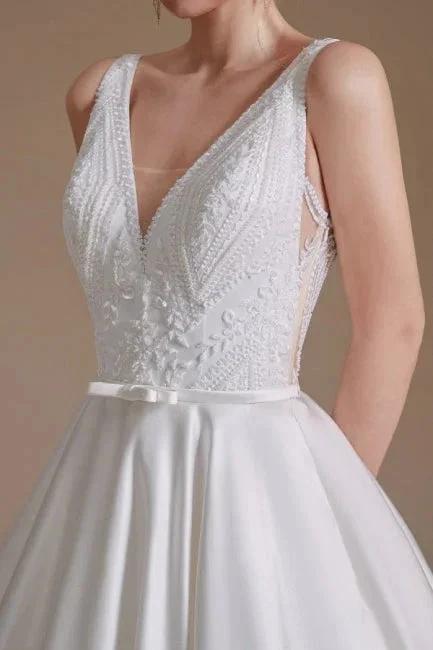 Simple Straps Sleeveless A-Line Floor-Length Satin Wedding Dresses with Ruffles - Image 5