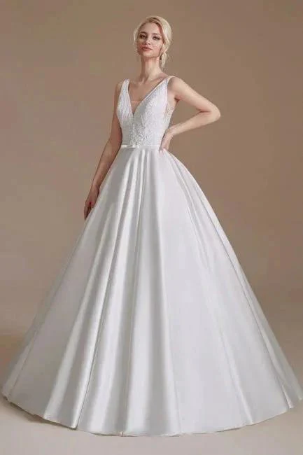 Simple Straps Sleeveless A-Line Floor-Length Satin Wedding Dresses with Ruffles - Image 6