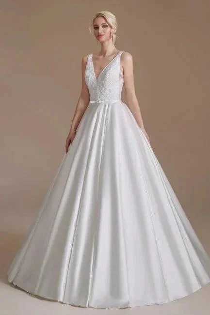 Simple Straps Sleeveless A-Line Floor-Length Satin Wedding Dresses with Ruffles - Image 8