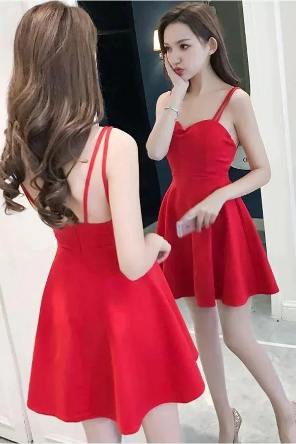 Simple Straps Sweetheart Red Satin Homecoming Dresses Party Dresses PD091 - Image 2