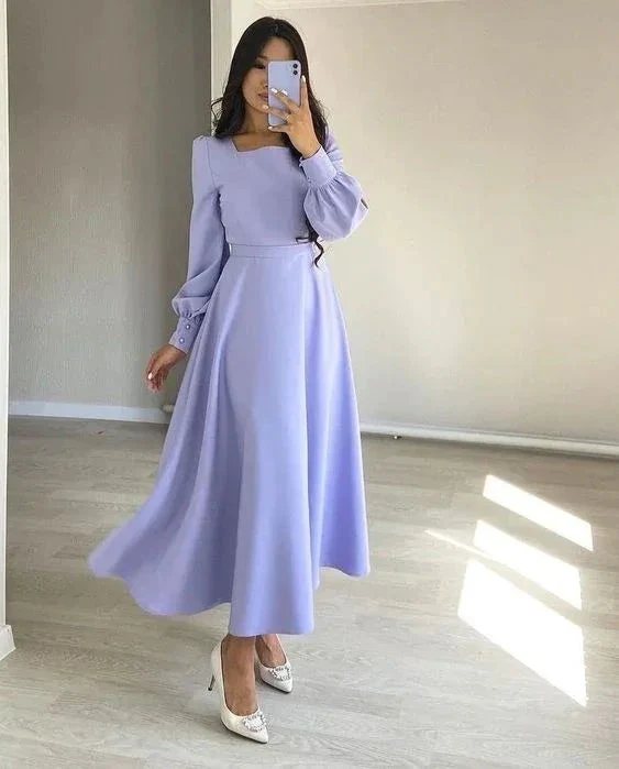 Simple Stretch Satin A Line Evening Dresses Women Long Sleeve Square Neck Modest Ankle Length Formal Gowns Y4856 - Image 2