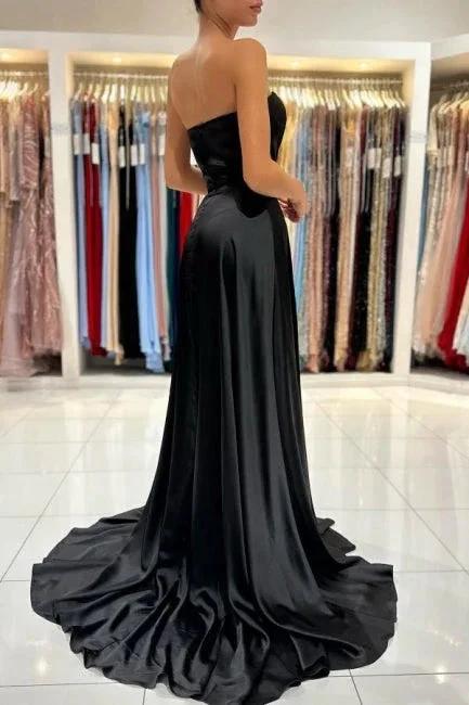 Simple Sweetheart Satin Evening Dresses Black Long Prom Dresses With Slit - Image 2