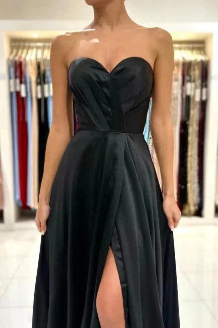 Simple Sweetheart Satin Evening Dresses Black Long Prom Dresses With Slit - Image 3
