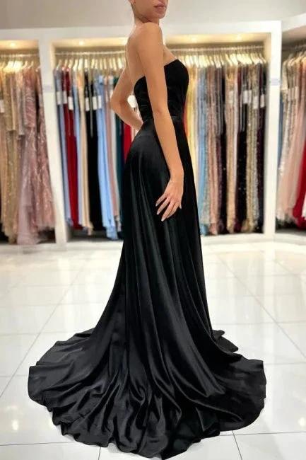 Simple Sweetheart Satin Evening Dresses Black Long Prom Dresses With Slit - Image 4
