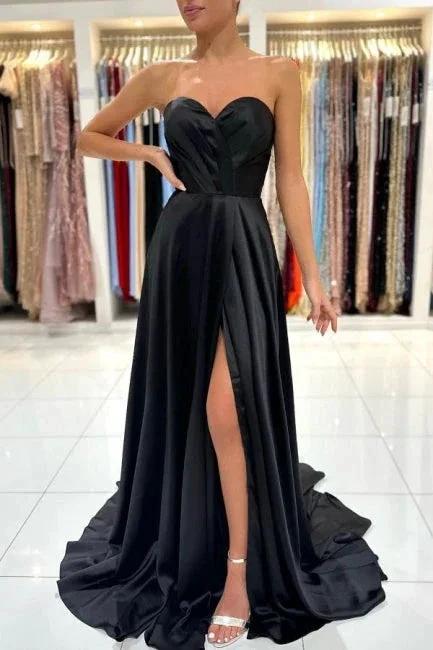 Simple Sweetheart Satin Evening Dresses Black Long Prom Dresses With Slit - Image 5