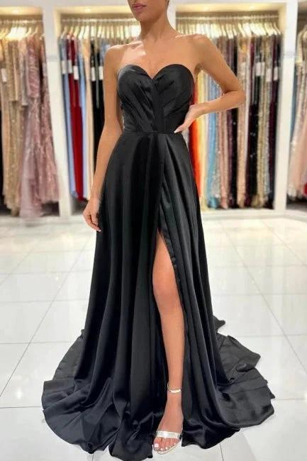 Simple Sweetheart Satin Evening Dresses Black Long Prom Dresses With Slit - Image 6