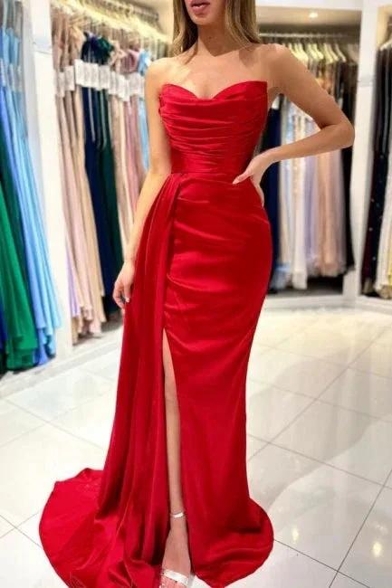 Simple sweetheart sleeveless mermaid satin prom dresses splitfront - Image 2