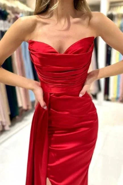 Simple sweetheart sleeveless mermaid satin prom dresses splitfront - Image 5