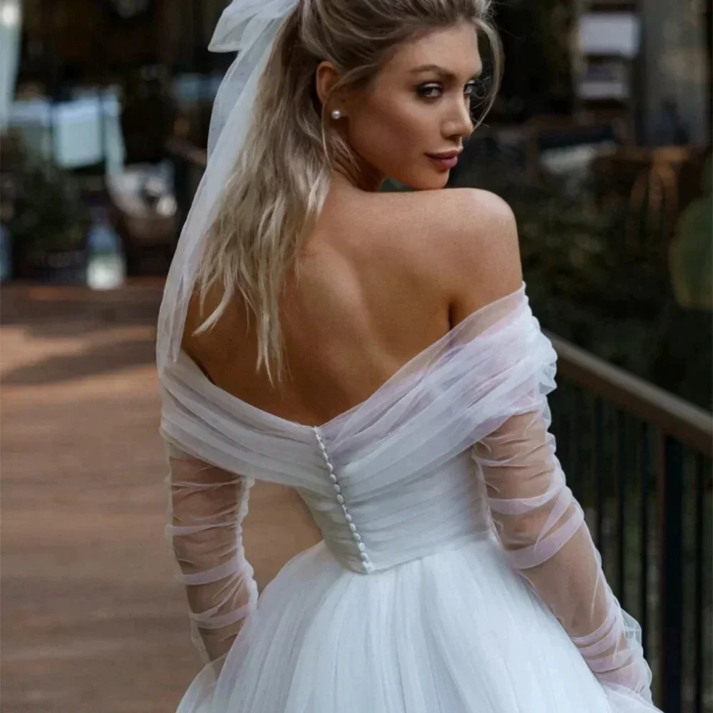 Simple Tulle Long Sleevees Wedding Dresses 2023 For Bridal Off Shoulder Backless A-Line Sweep Train Boho Vestido De Novia - Image 2