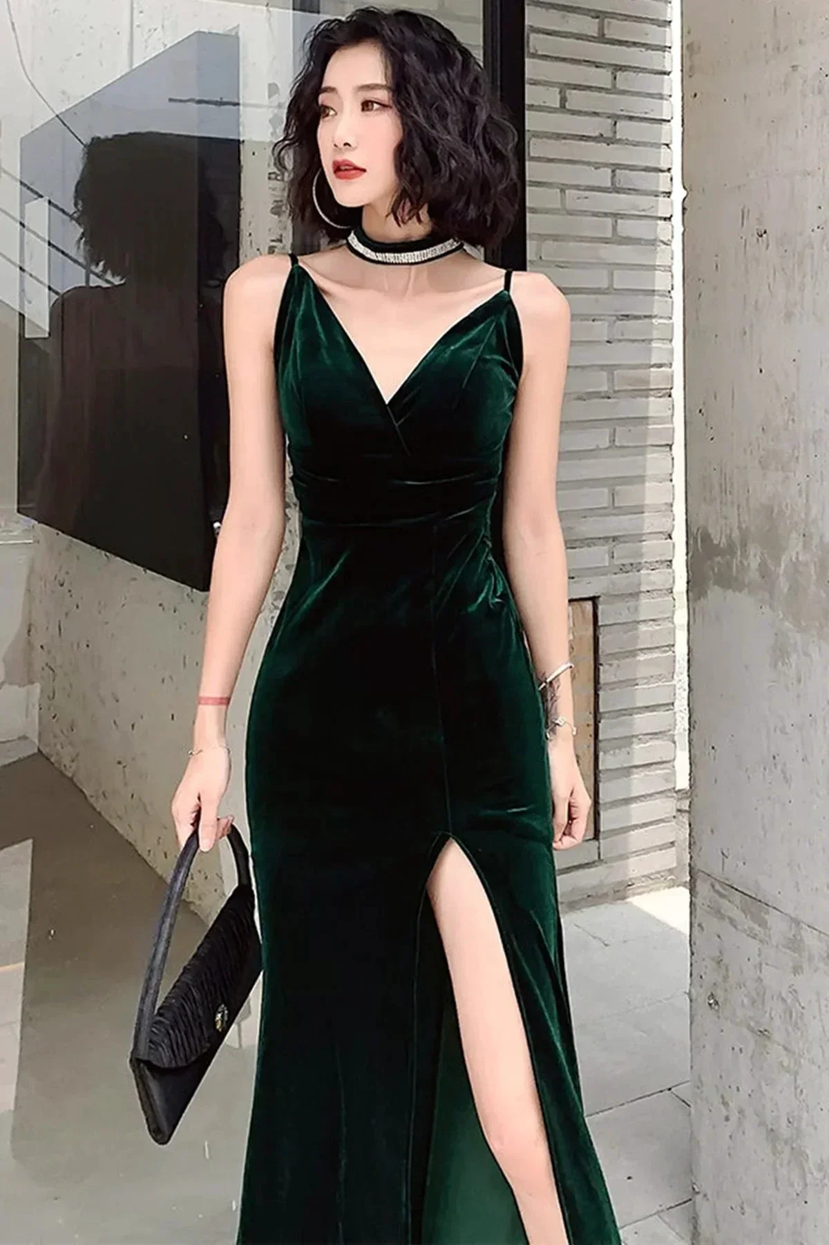 Simple V Neck Dark Green Velvet Long Prom Dresses, Dark Green Velvet Formal Graduation Evening Dresses Y2926 - Image 3