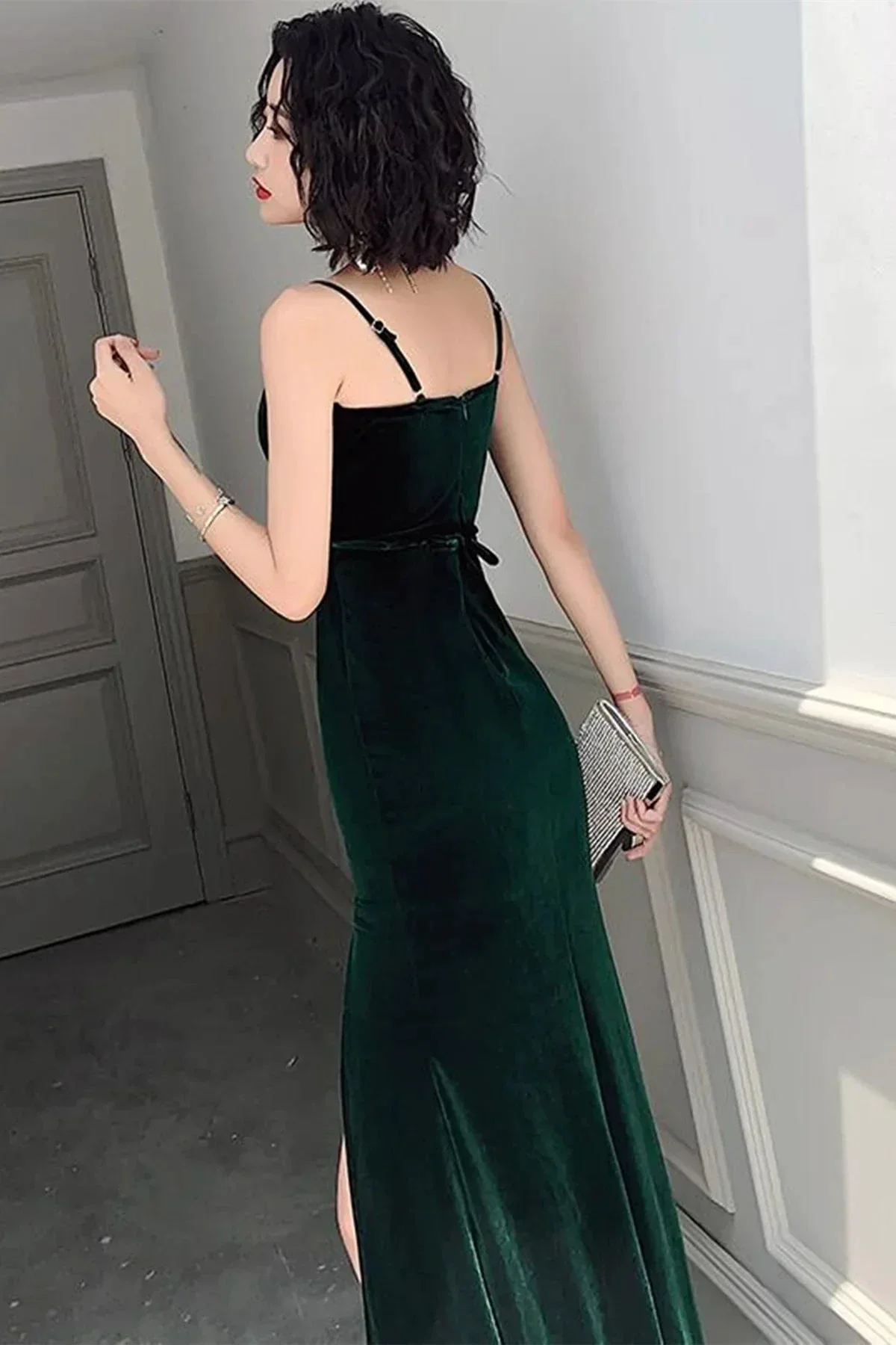 Simple V Neck Dark Green Velvet Long Prom Dresses, Dark Green Velvet Formal Graduation Evening Dresses Y2926 - Image 4