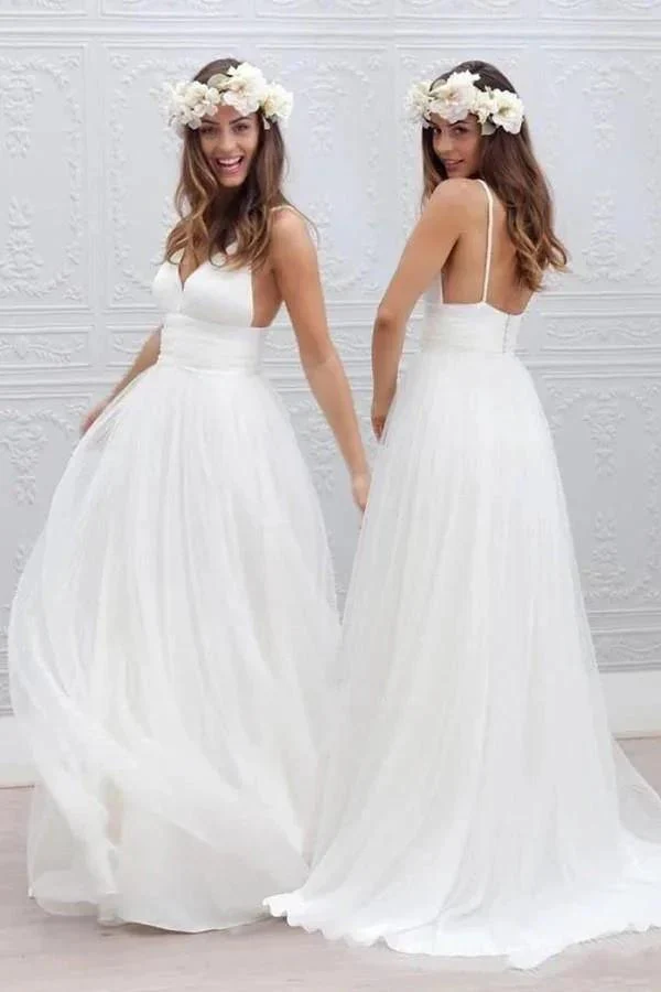 Simple V-neck Floor-Length Wedding Dress With Ruched Sash WD054 - Image 2