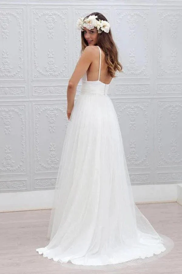 Simple V-neck Floor-Length Wedding Dress With Ruched Sash WD054 - Image 3
