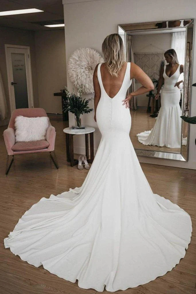 Simple V Neck Mermaid Beach Wedding Dress With Long Train WD575 - Image 2