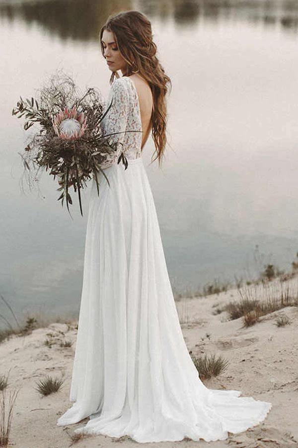 Simple V Neck Open Back Long Sleeves Lace Beach Wedding Dresses WD474 - Image 3