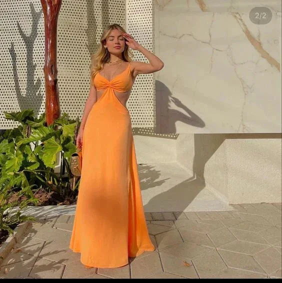 Simple V Neck Orange Long Prom Dress Orange Evening Dress Y6255 - Image 2