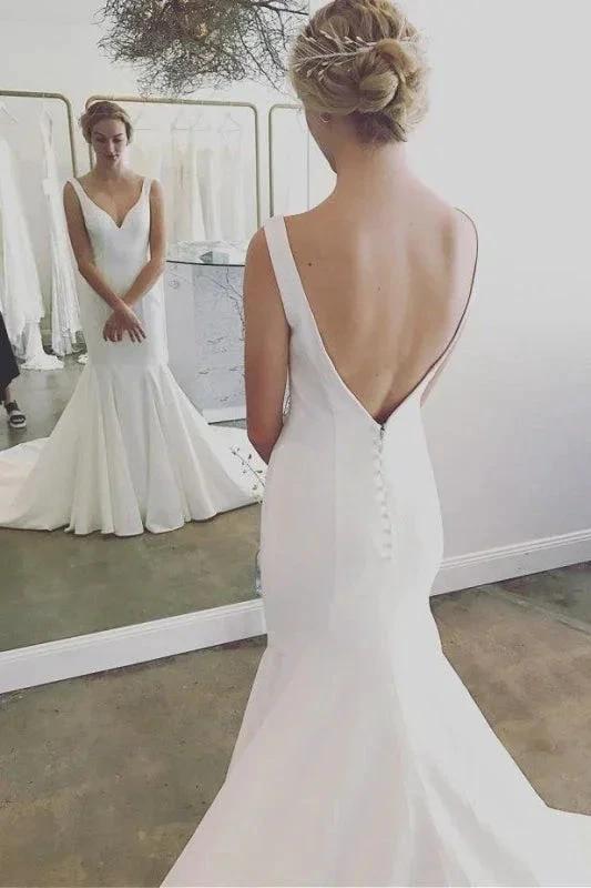 Simple V Neck Pretty Mermaid Long Beach Backless Elegant Wedding Dresses - Image 2