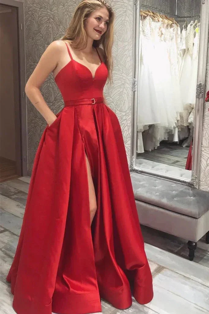 Simple V Neck Red Satin Long Prom Dress with High Slit, V Neck Red Formal Graduation Evening Dress Y220 - Image 2