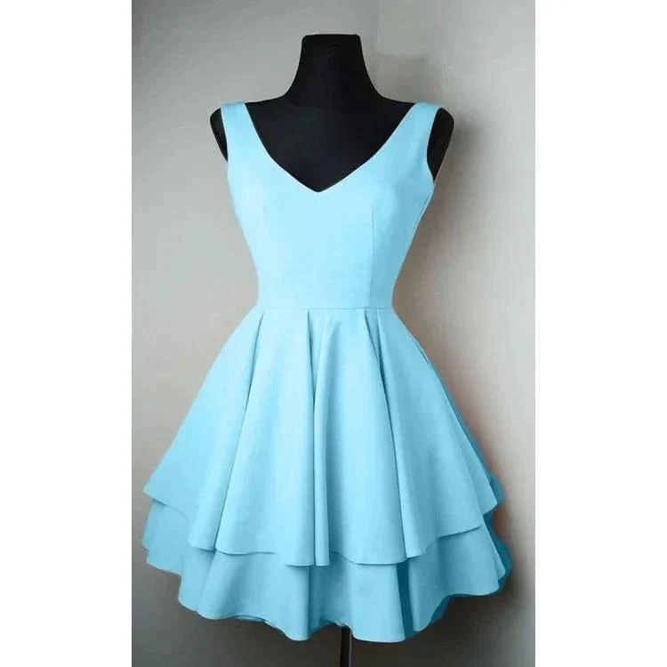 Simple V Neck Satin Pretty Homecoming Dresses Short Prom Dresses  PD084 - Image 3