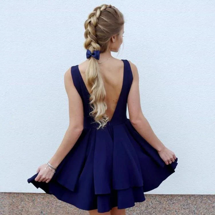 Simple V Neck Satin Pretty Homecoming Dresses Short Prom Dresses  PD084 - Image 7
