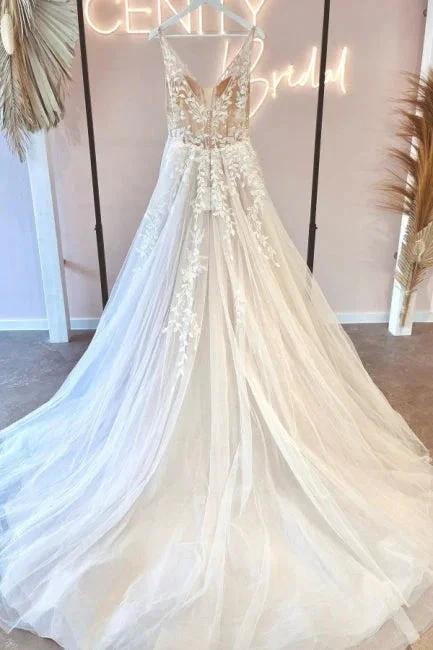 Simple v-neck sleeveless a-line lace Wedding dresses - Image 2