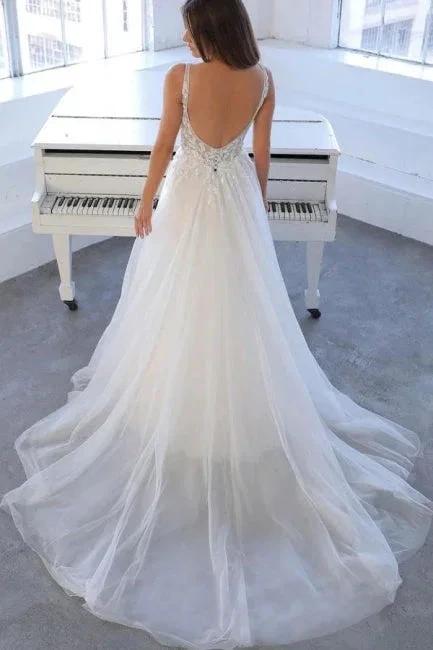 Simple V-Neck Sleeveless A-Line Tulle Wedding Dresses Bridal Gowns - Image 2