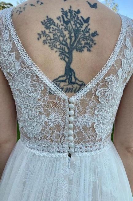 Simple V-Neck Sleeveless Column Tulle Floor-Length Wedding Dresses with Lace - Image 3