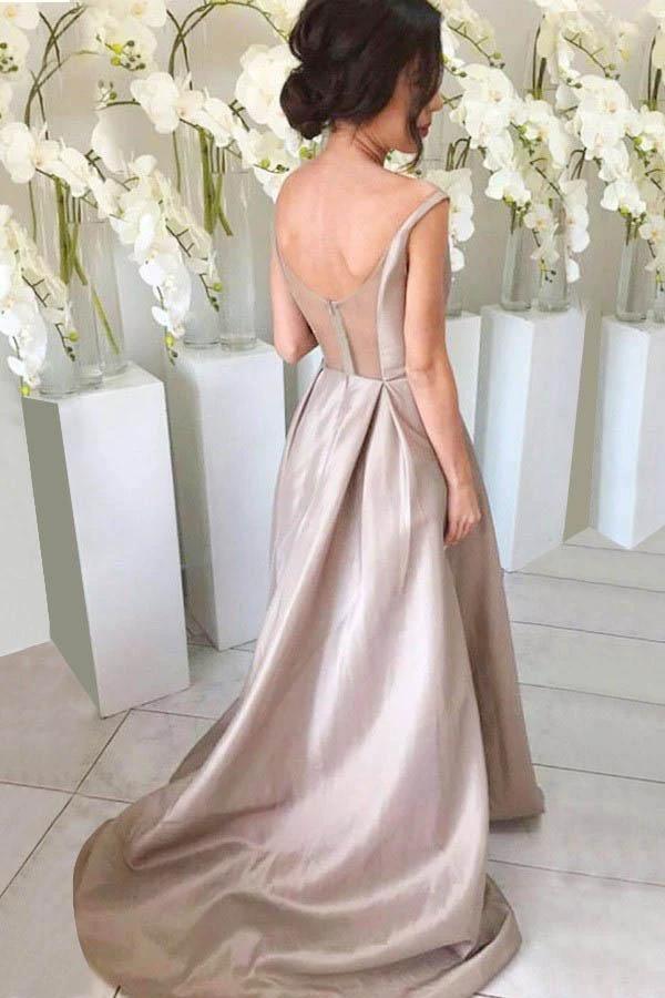 Simple V-neck Sleeveless High Low Sweep Train Silver Bridesmaid Dress  BD061 - Image 2