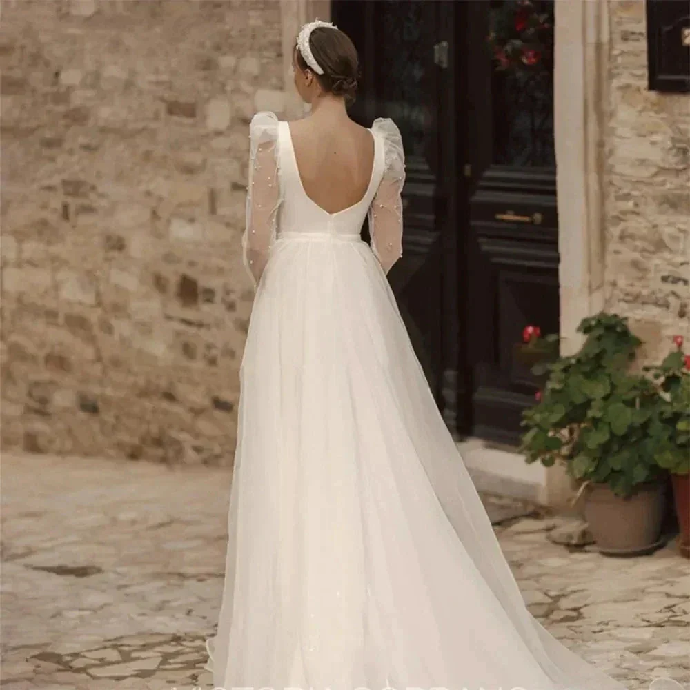 Simple Wedding Dresses A Line Long Illusion Sleeve Fuffy Tulle Ball Gowns Woman's Formal Bride Beach Party Vestidos Para Mujer - Image 2