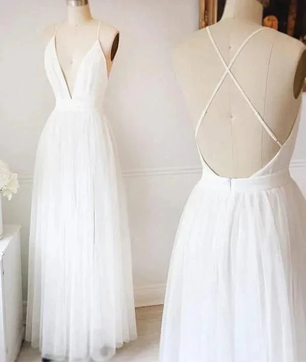 Simple White A-line Tulle V Neck Wedding Dresses Long Prom Dresses MW218 - Image 2
