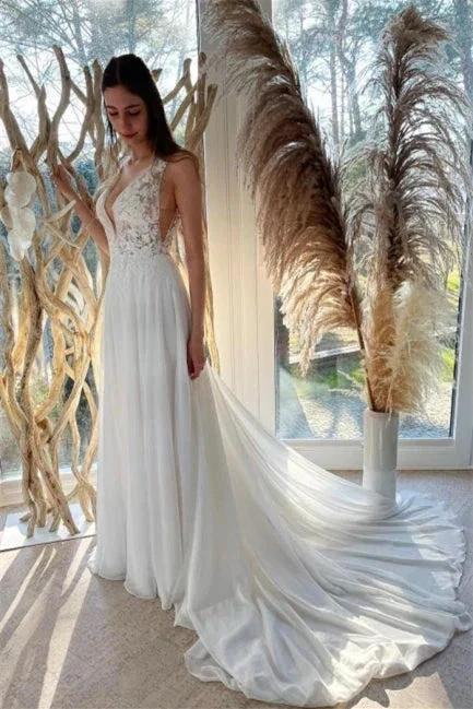 Simple White Chiffon Backless A-Line Wedding Dresses With Lace - Image 2