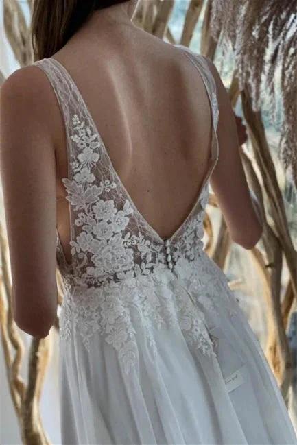 Simple White Chiffon Backless A-Line Wedding Dresses With Lace - Image 3