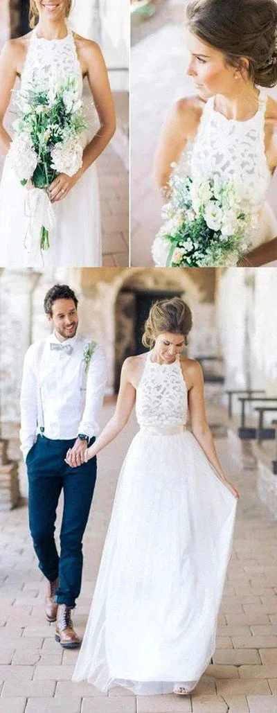Simple White Halter Lace Long Sheath Beach Wedding Dresses Bridal Dresses MW241 - Image 2