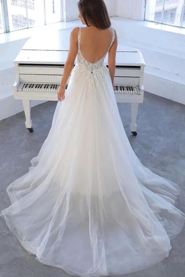 Simple White Long A-line V-neck Tulle Lace Backless Wedding Dress - Image 2