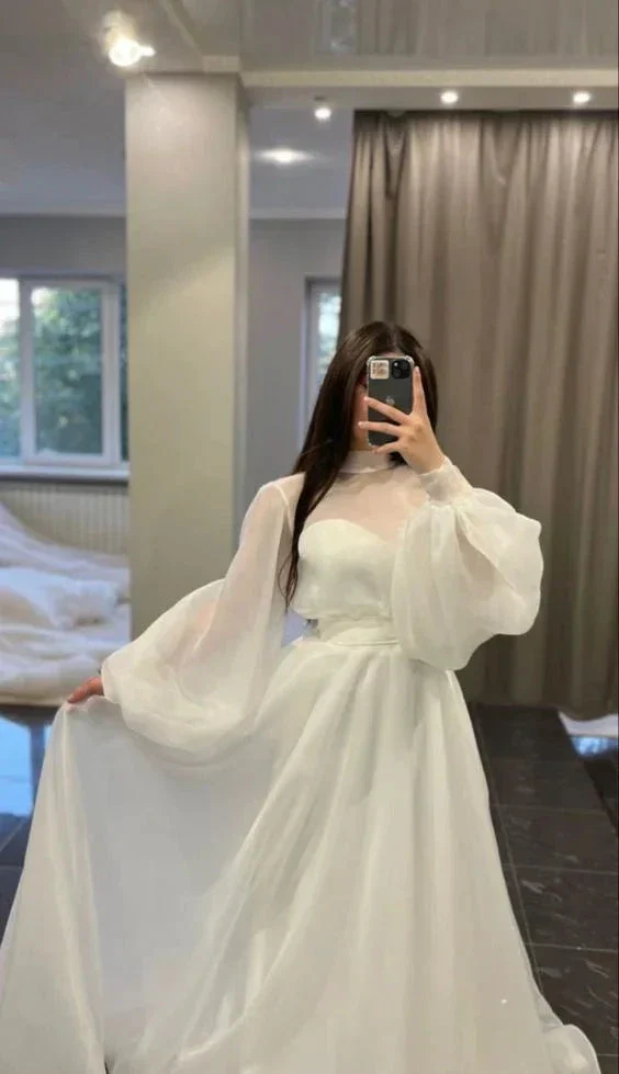 Simple White Puff Sleeves Wedding Dress,White Bridal Gown Y6738 - Image 2