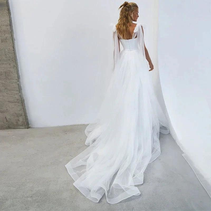 Simple White Tulle Wedding Dresses Boho Bow Spaghetti Straps A-Line Beach Wedding Party Gowns Abito Da Sposa 2021 - Image 2