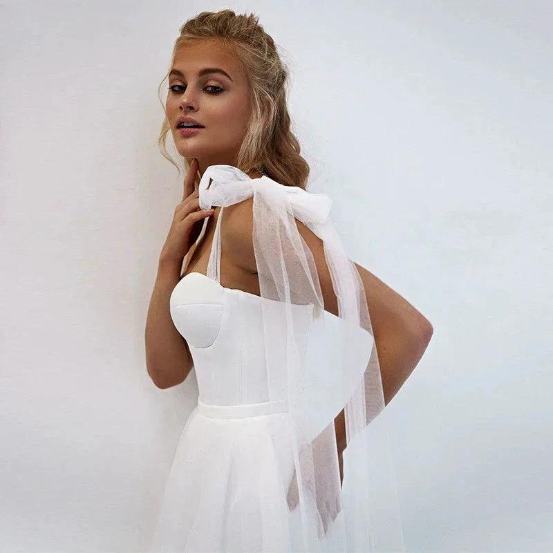 Simple White Tulle Wedding Dresses Boho Bow Spaghetti Straps A-Line Beach Wedding Party Gowns Abito Da Sposa 2021 - Image 3