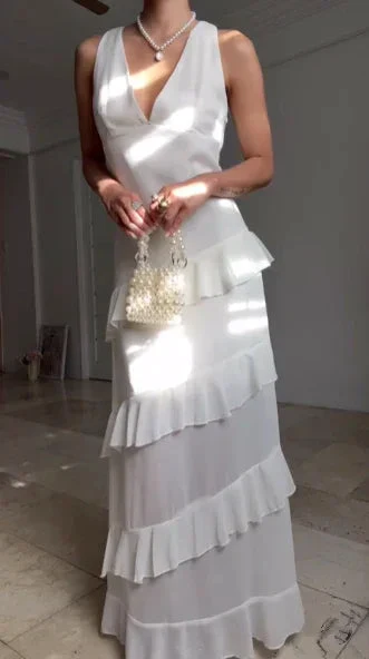 Simple White V Neck Chiffon Ruffle Prom Dress Backless Long Evening Dress Y8500 - Image 2