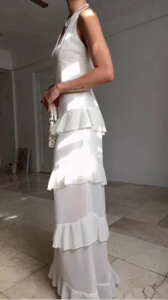 Simple White V Neck Chiffon Ruffle Prom Dress Backless Long Evening Dress Y8500 - Image 3